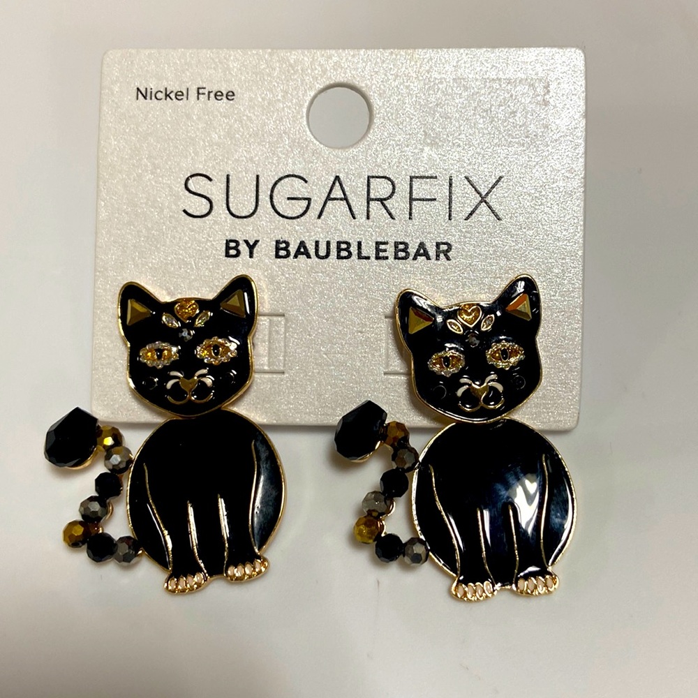 NEW BaubleBar Halloween black Scaredy Cat enamel & rhinestone 3D earrings Fall